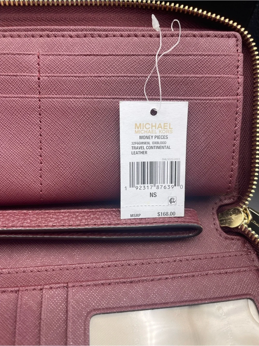 Michael Kors Oxblood Zip-Around Pebbled Leather Wallet with Gold Hardware